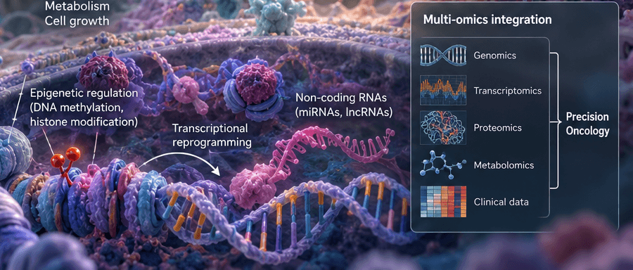 Detail of a conceptual illustration showing chromatin and DNA with epigenetic marks, non-coding RNAs, and a panel listing genomics, transcriptomics, proteomics, metabolomics and clinical data