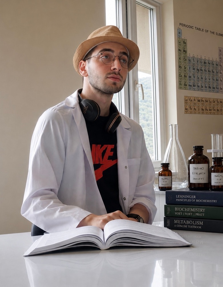 Portrait of Saba Saitidze in a laboratory coat at a desk with an open biochemistry textbook