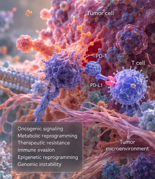 Detail of a conceptual illustration showing a tumour cell and a T cell connected through PD-L1 and PD-1, surrounded by extracellular matrix fibres